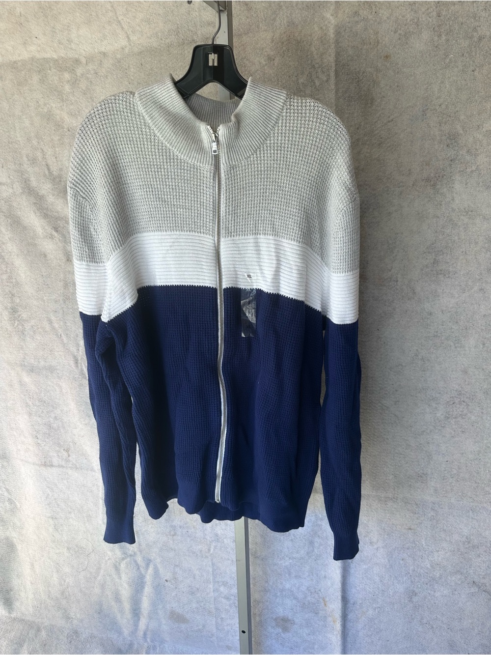 Men's Full-Zip Colorblock Knit Sweater - Navy, White & Light Gray